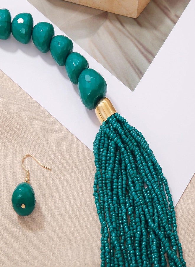 بوكار طقم عقد وأقراط من بوكار متعدد الطبقات بتصميم سلسلة طويلة وخرز سميك، هدية مثالية للنساء (NK-10693-Teal-set) - Image 3