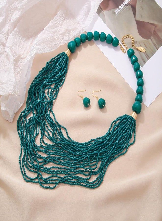 بوكار طقم عقد وأقراط من بوكار متعدد الطبقات بتصميم سلسلة طويلة وخرز سميك، هدية مثالية للنساء (NK-10693-Teal-set) - Image 2