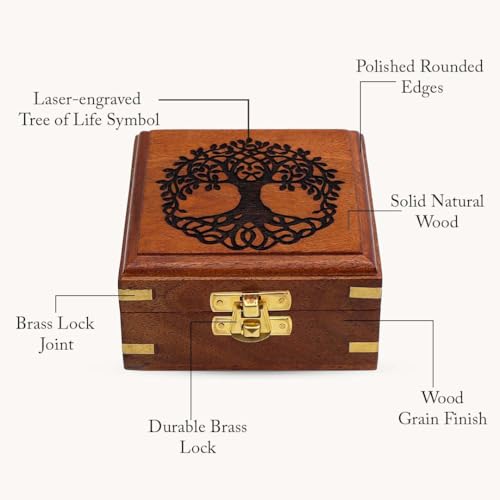 DOLLOND & CO. Handmade Wooden Tree of Life Box | Brass Inlay Jewellery & Keepsake Organizer | Rustic Brown Vintage Trinket Box for Tarot, Crystals & Gifts | Sustainable Wood Storage Box (10x10x5.5 cm) - Image 3