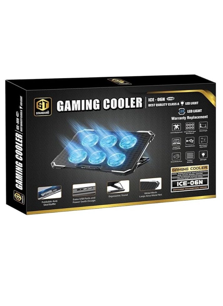 ستاندرد - حامل تبريد الكمبيوتر المحمول RGB للألعاب ST-Standard ICE-06N – 6 مراوح LED زرقاء – حتى 17 بوصة - Image 1