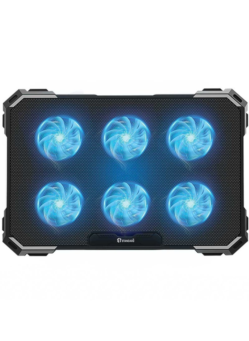 ستاندرد - حامل تبريد الكمبيوتر المحمول RGB للألعاب ST-Standard ICE-06N – 6 مراوح LED زرقاء – حتى 17 بوصة - Image 1