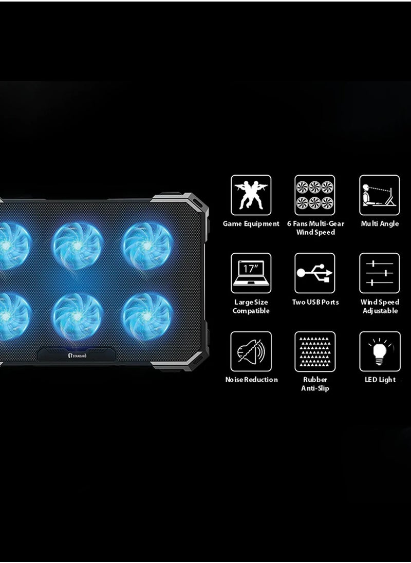 ستاندرد - حامل تبريد الكمبيوتر المحمول RGB للألعاب ST-Standard ICE-06N – 6 مراوح LED زرقاء – حتى 17 بوصة - Image 1