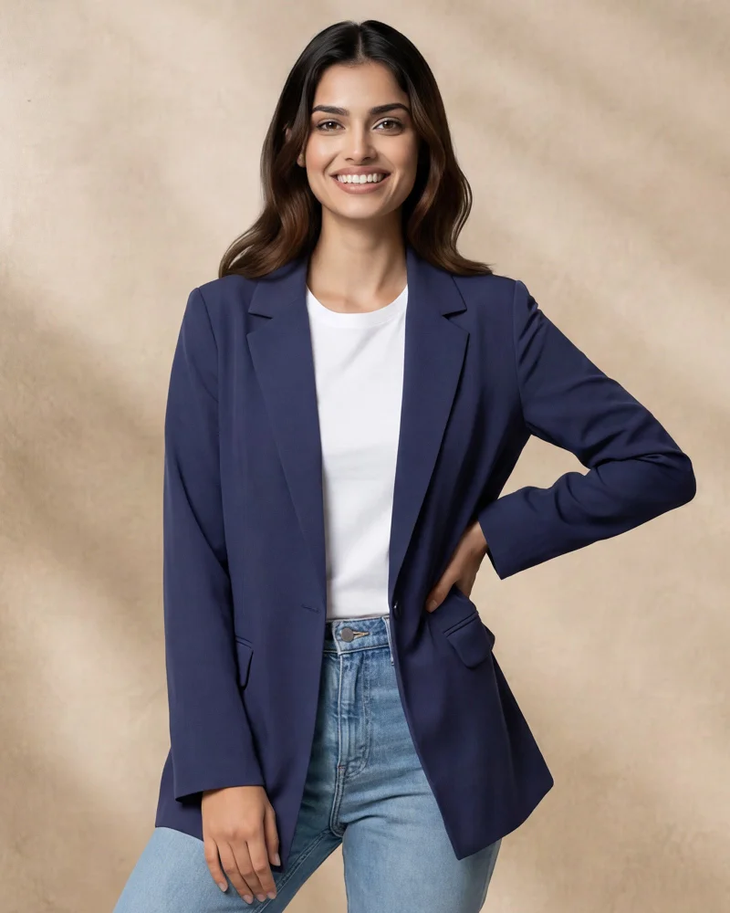Redtag Women Navy Lightweight Open Front Blazer