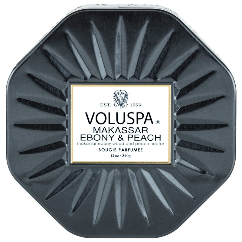 Voluspa Makassar Ebony  Peach Candle  3 Wick Tin Coconut Wax for Clean Burning  12 Oz
