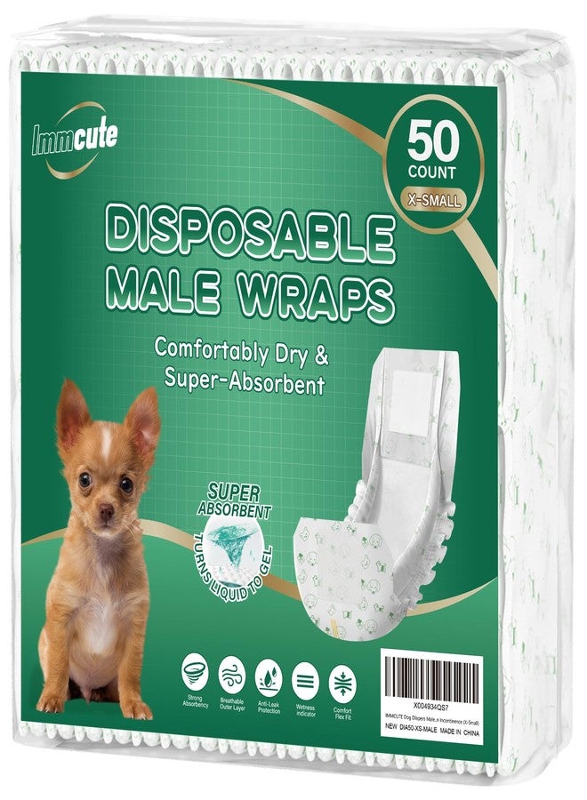 IMMCUTE Dog Diapers Male 50 Ct, XS Size, Super-Absorbent Male Dog Wraps Disposable Doggie Diapers with Wetness Indicator, Puppy Diapers Male for Marking, Excitable Urination - Image 1