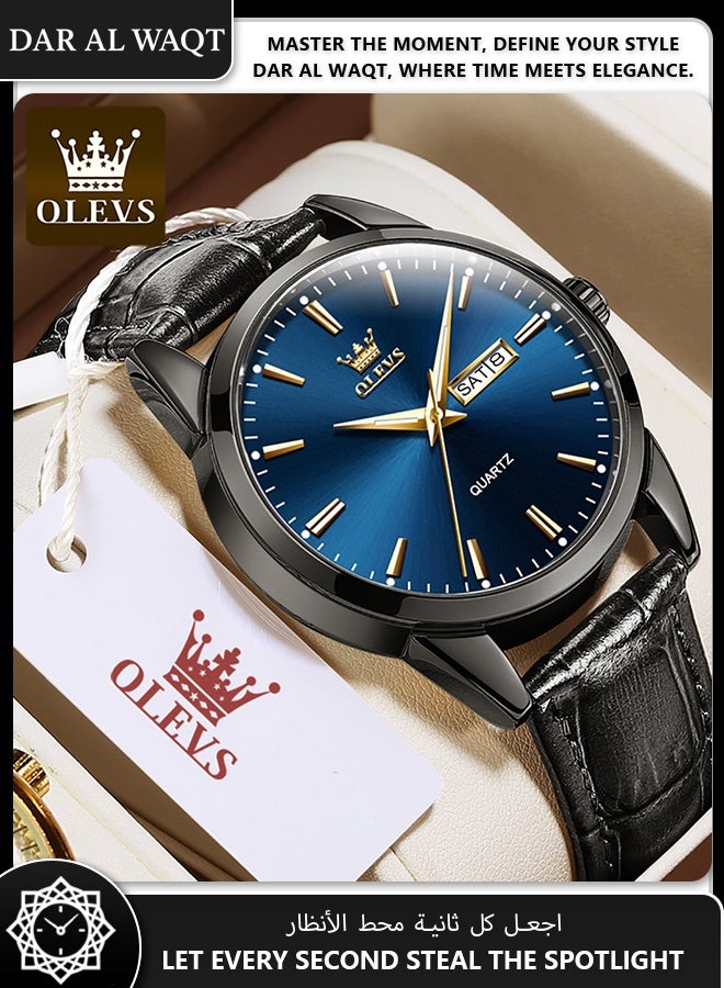أوليفز ساعة رجالية أنيقة من OLEVS – حزام جلد أسود، علبة سوداء، قرص أزرق، مقاومة للماء للأعمال - Image 3
