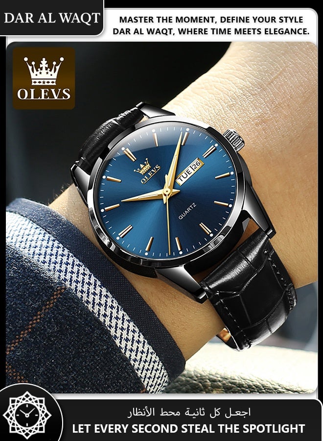 أوليفز ساعة رجالية أنيقة من OLEVS – حزام جلد أسود، علبة سوداء، قرص أزرق، مقاومة للماء للأعمال - Image 2