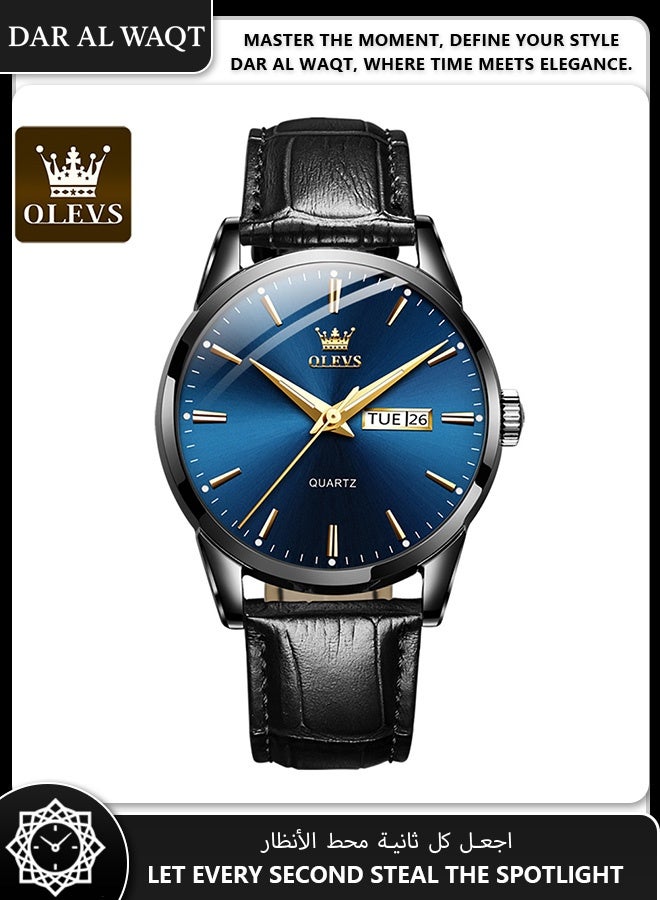 أوليفز ساعة رجالية أنيقة من OLEVS – حزام جلد أسود، علبة سوداء، قرص أزرق، مقاومة للماء للأعمال - Image 1