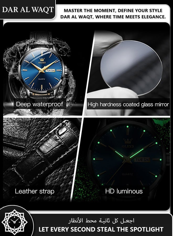 أوليفز ساعة رجالية أنيقة من OLEVS – حزام جلد أسود، علبة سوداء، قرص أزرق، مقاومة للماء للأعمال - Image 4