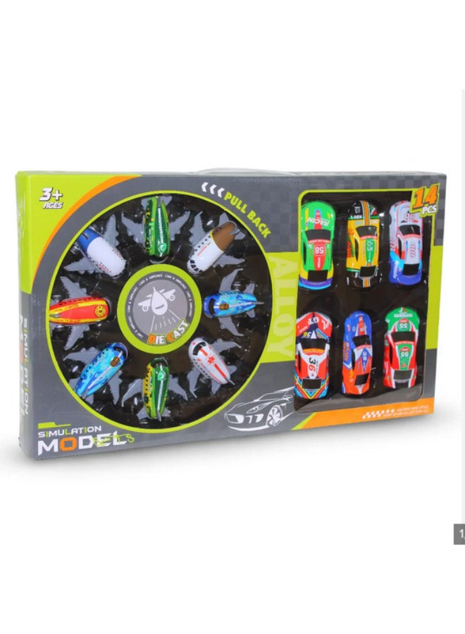 علبة سيارات وطائرات معدنية للأطفال - 14 قطعة   مجموعة مميزة للأطفال من عمر 3 سنوات فأكثر،  8 طائرات صغيرة بتصاميم وألوان جذابة- 6 سيارات سباق بألوان متعددة وتصميم رياضي  - نظام الدفع الخلفي (Pull Back)  مصنوعة من المعدن (Die Cast) مع بعض الأجزاء البلاستيكية    مثالية كهدية للأطفال ومحبي السيارات والطائرات.