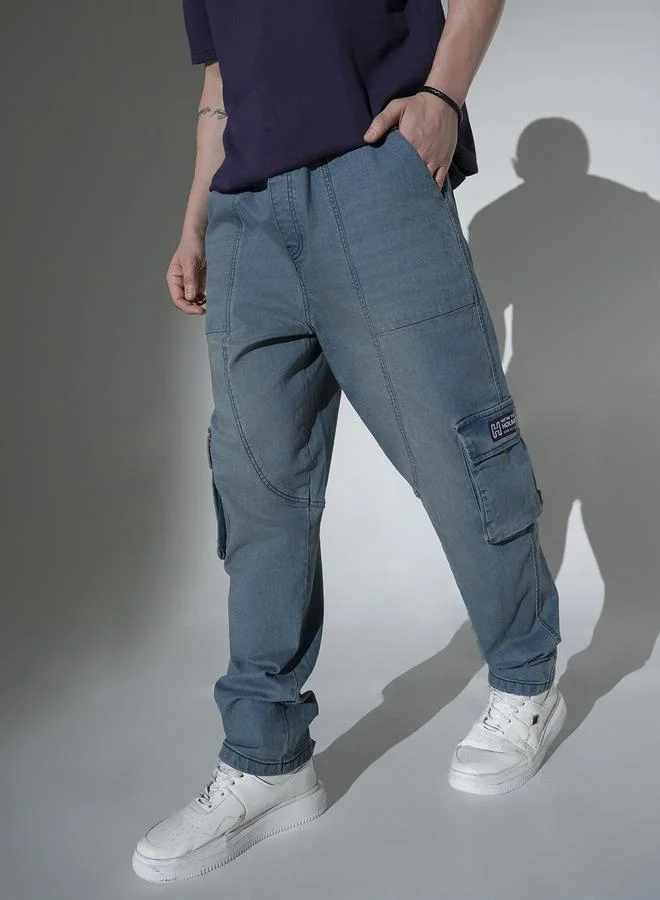 Hubberholme Men's Indigo 100% Cotton Solid Pattern Full Length Relaxed Jeans
