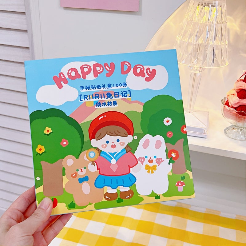 100 cute cartoon hand account sticker gift box ins style girl and paper hand account material decoration small pattern sweet 1#RII RII Rabbit diary (100) 