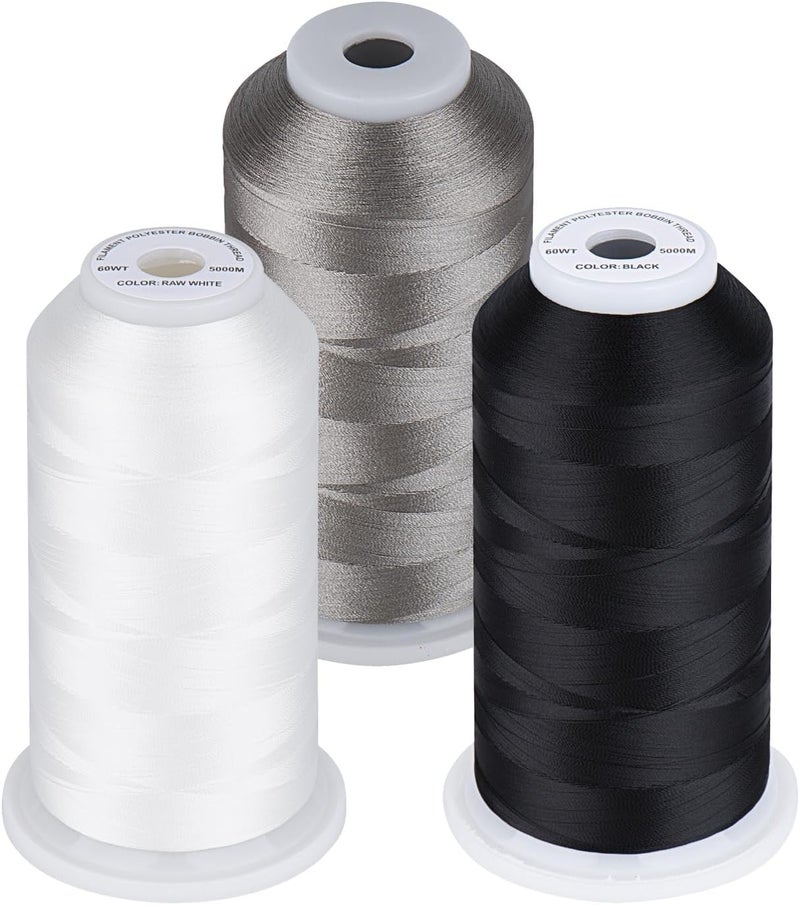 60WT Bobbin Fill Thread Machine Embroidery Thread 5000M 3-Pack White Black Silver