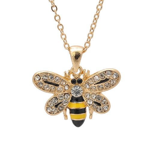 Spinningdaisy Crystal Embedded Yellow and Black Flying Bumble Bee Necklace (Gold Plated) - Image 1