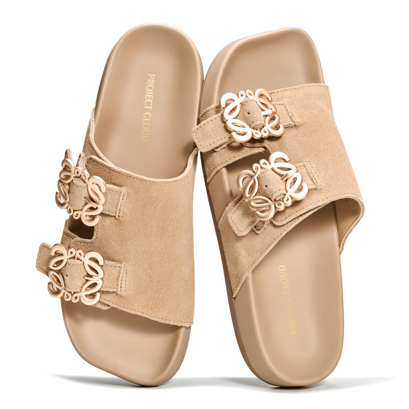 Project Cloud 100% Genuine Leather Womens Sandals Dressy - Lightweight & Non-Slip Women's Flats Sandals Women with Plush & Soft Insole Slides Sandals for Women 2026 (VELORA, BEIGESUEDE,7.5M)
