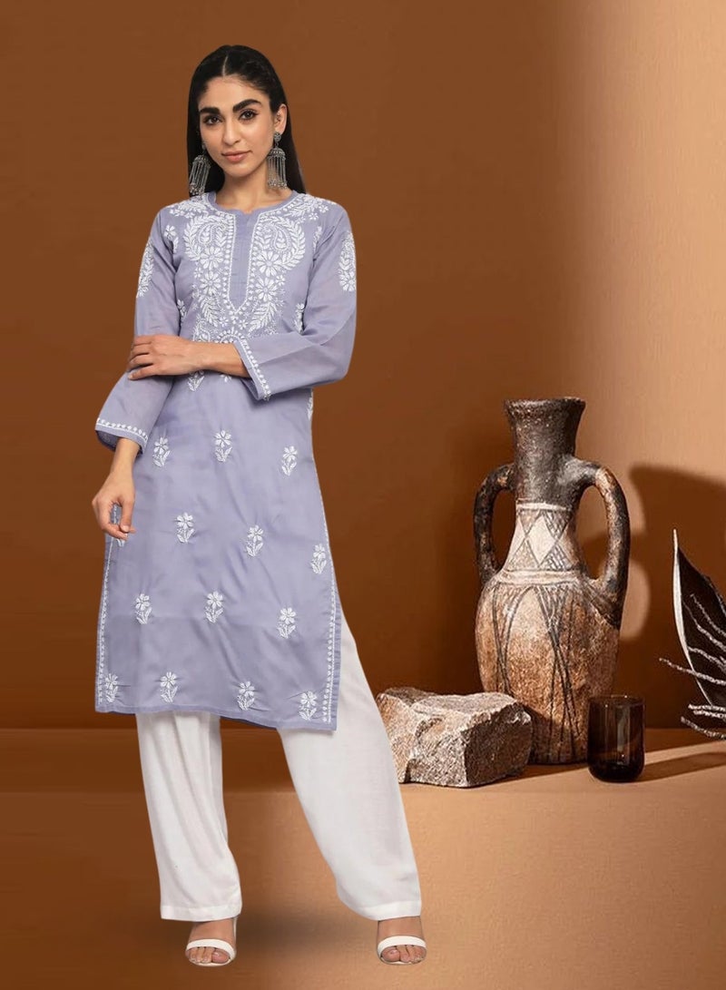 الايا كورتا مستقيمة من القطن شيكانكاري مطرزة يدويًا-AL3561  - Image 1