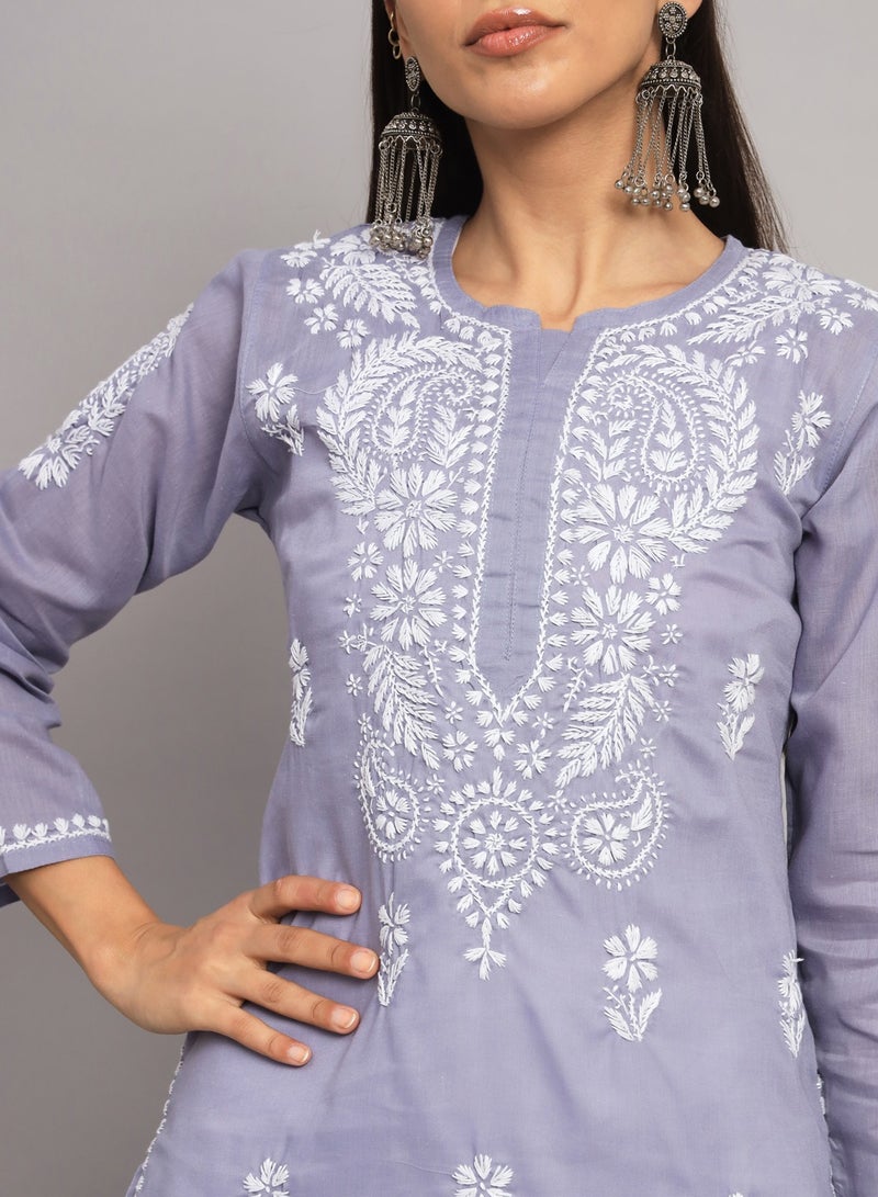 الايا كورتا مستقيمة من القطن شيكانكاري مطرزة يدويًا-AL3561  - Image 5