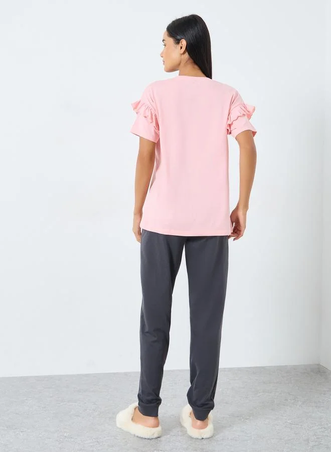 Styli Styli Slogan Print Ruffle Detail T-Shirt and Pyjama Set