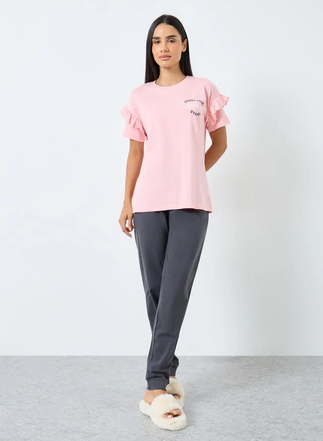 Styli Styli Slogan Print Ruffle Detail T-Shirt and Pyjama Set