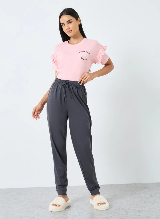 Styli Styli Slogan Print Ruffle Detail T-Shirt and Pyjama Set