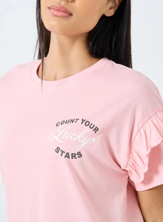 Styli Styli Slogan Print Ruffle Detail T-Shirt and Pyjama Set