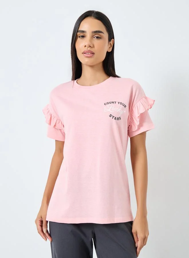 Styli Styli Slogan Print Ruffle Detail T-Shirt and Pyjama Set