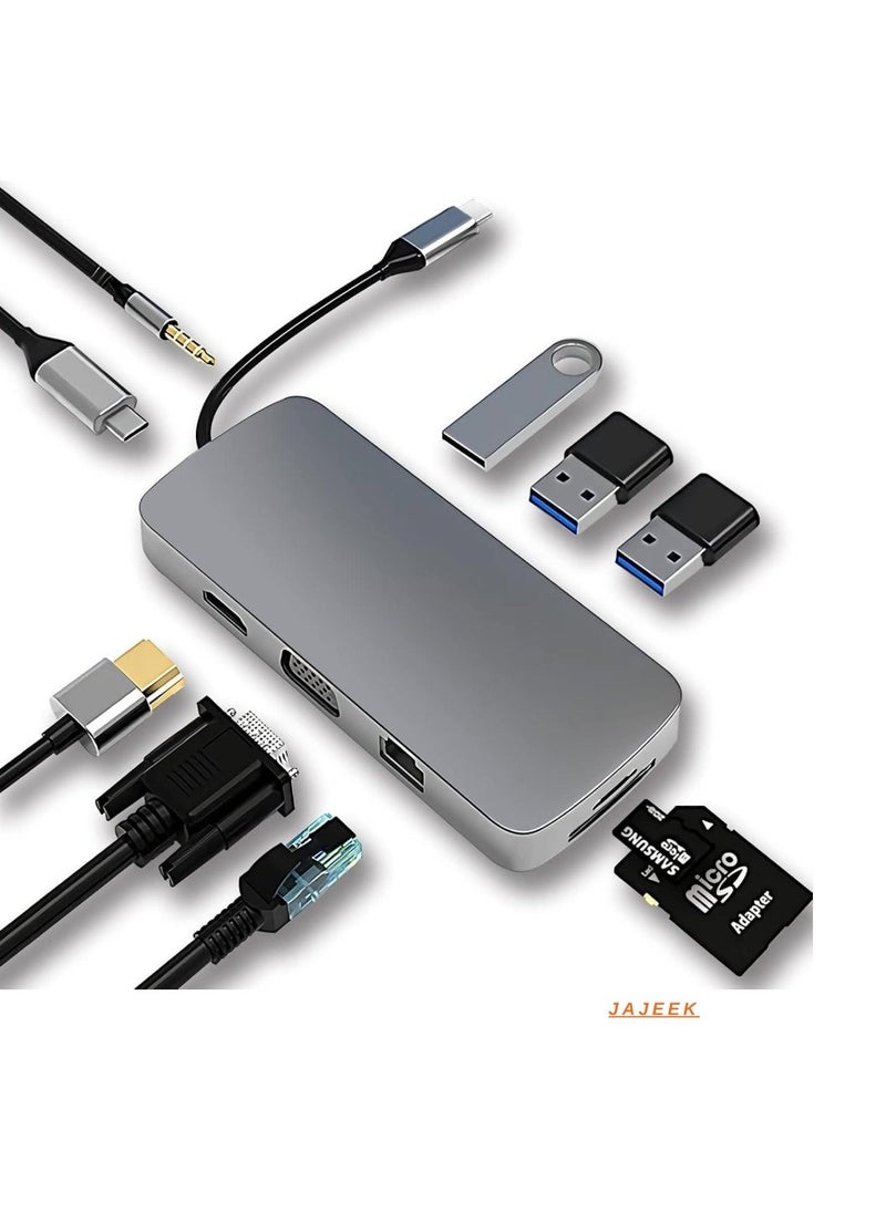 JAJEEK 10-in-1 USB C Hub Docking Station with 4K HDMI, VGA, USB 3.0, Ethernet, SD/TF Card Reader, 3.5mm AUX – Multi-Port Adapter for MacBook Pro & Type C Laptops – Fast Data Transfer, High-Resolution Display & Seamless Connectivity - Image 1