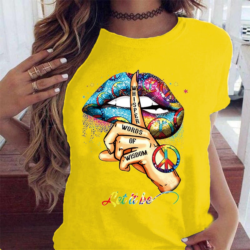 2025 Wish Shut Up Gesture Lip Print Round Neck Short Sleeve Top T-Shirt - Image 1