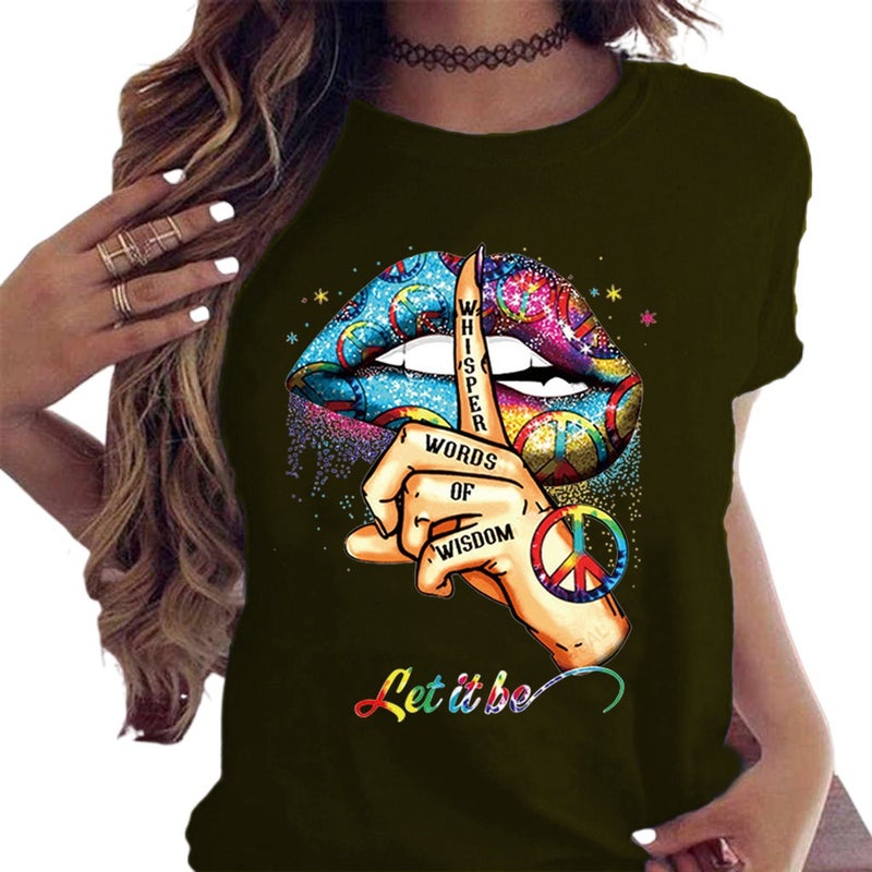 2025 Wish Shut Up Gesture Lip Print Round Neck Short Sleeve Top T-Shirt - Image 4