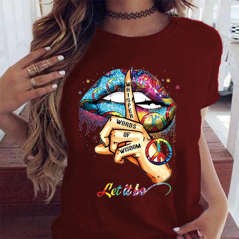 2025 Wish Shut Up Gesture Lip Print Round Neck Short Sleeve Top T-Shirt - Image 3