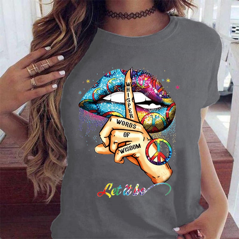 2025 Wish Shut Up Gesture Lip Print Round Neck Short Sleeve Top T-Shirt - Image 2