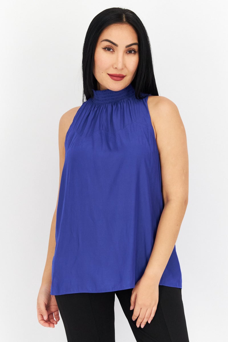 Ramy Brook Women Mock Neck Sleeveless Plain Top, Blue - Image 1