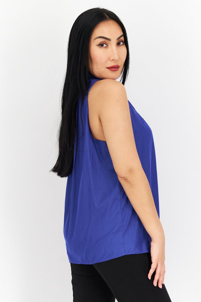 Ramy Brook Women Mock Neck Sleeveless Plain Top, Blue - Image 3
