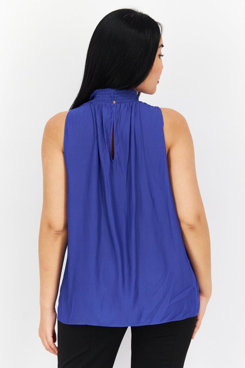 Ramy Brook Women Mock Neck Sleeveless Plain Top, Blue - Image 2