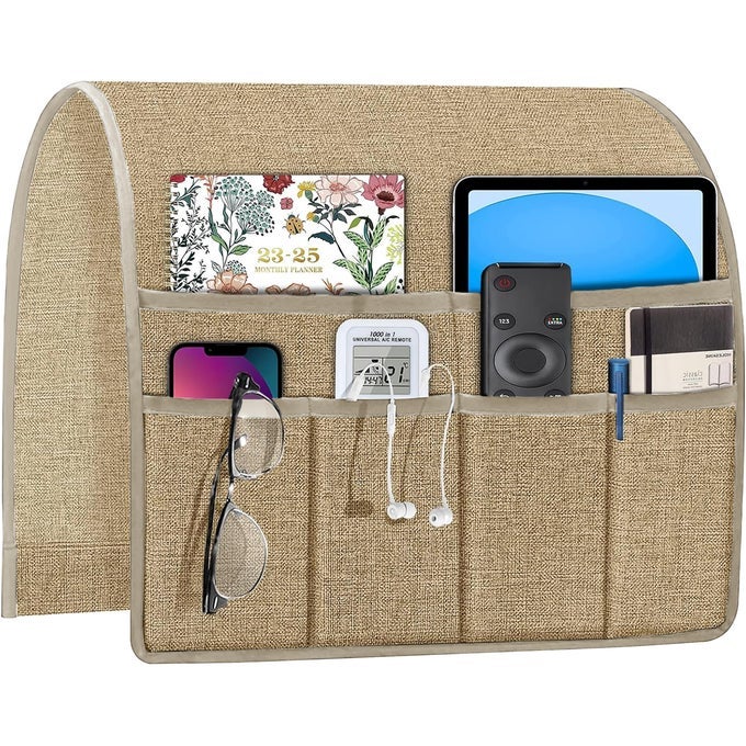 Arm Chair Caddy Remote Control Holder Organizer for Recliners Couch Armrest Organizer Non Slip with 6 Pocket Storage for Magazine Tablet Phone iPad Khaki