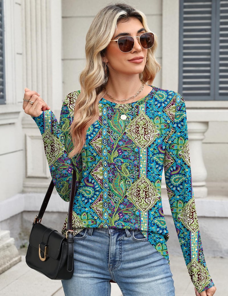 TCOT Womens Tops Comfy Long Sleeve Crewneck Regular Fit Dressy Casual Blouses Shirts for Women Blue Paisley L - Image 5