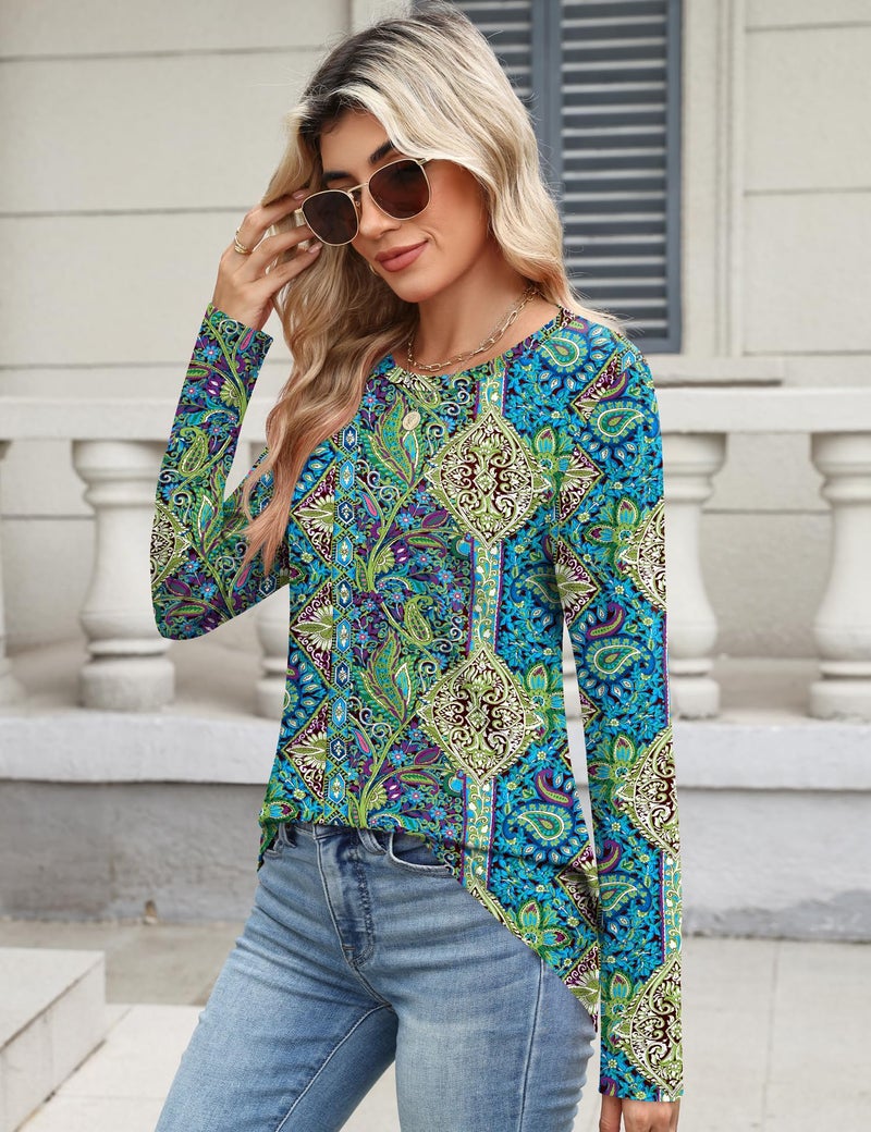 TCOT Womens Tops Comfy Long Sleeve Crewneck Regular Fit Dressy Casual Blouses Shirts for Women Blue Paisley L - Image 4