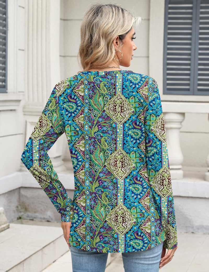 TCOT Womens Tops Comfy Long Sleeve Crewneck Regular Fit Dressy Casual Blouses Shirts for Women Blue Paisley L - Image 3
