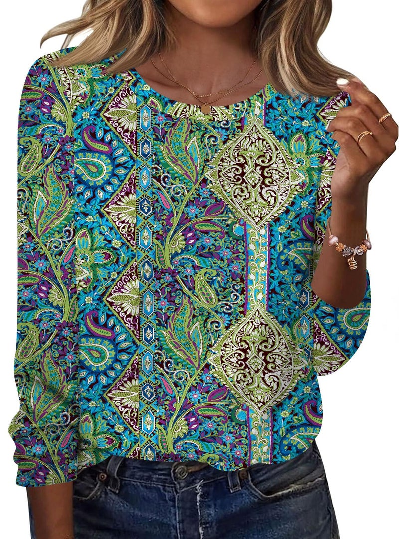TCOT Womens Tops Comfy Long Sleeve Crewneck Regular Fit Dressy Casual Blouses Shirts for Women Blue Paisley L - Image 1