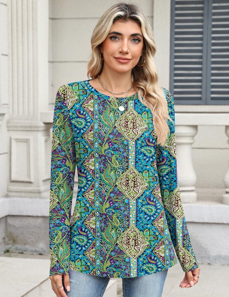 TCOT Womens Tops Comfy Long Sleeve Crewneck Regular Fit Dressy Casual Blouses Shirts for Women Blue Paisley L - Image 2