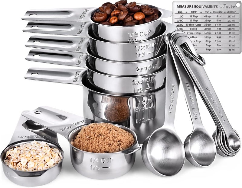 U-Taste Measuring Cups and Spoons Set: U-Taste 18/8 Stainless Steel Measuring Cups 15 Piece: 7 Metal Measure Cups & 7 Measuring Spoons with 2 D-Rings & 1 Professional Magnetic Measurement Conversion Chart - Image 1