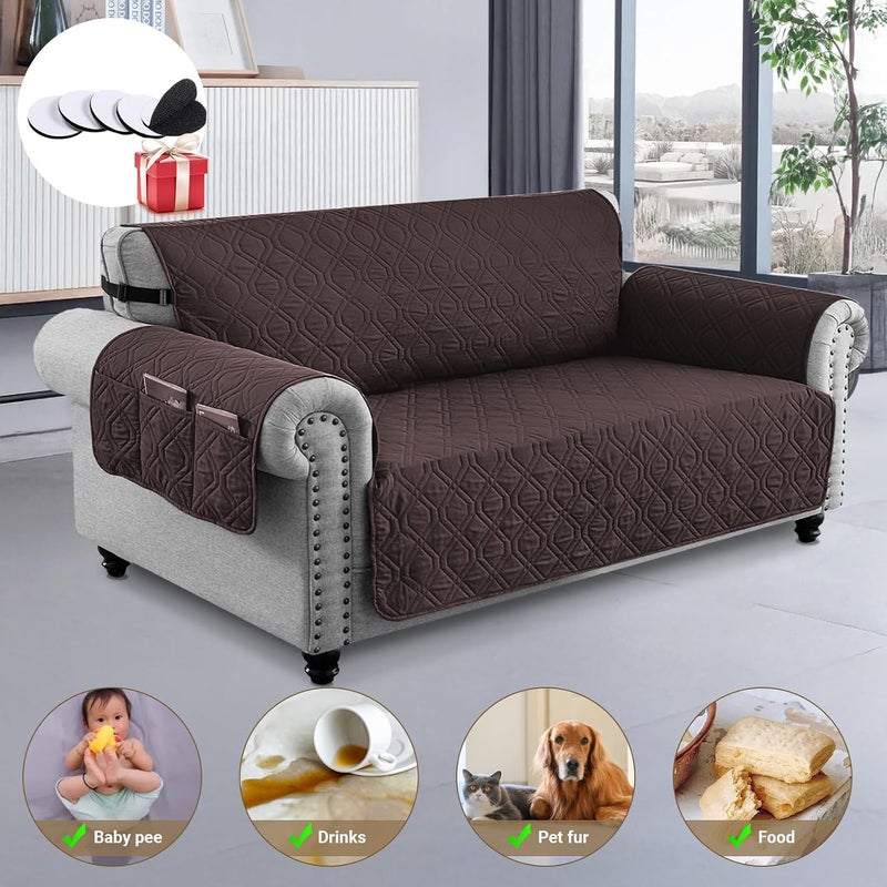 Sofa Covers Waterproof Couch Cover Non-Slip Quilted Sofa Slipcover for Dogs Furniture Protector Cover for Pets with Adjustable Strap Washable (Brown, 117 × 56cm) - Image 2