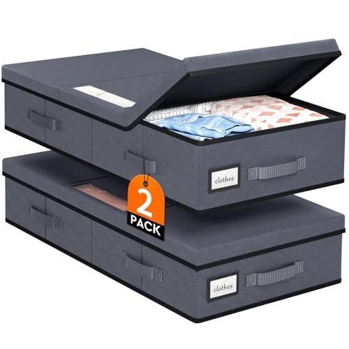 StoreHappily Under Bed Storage Containers with Lids - 2 Pack, Foldable and Stackable Clothes Storage Bags with Clear Window, 3-Sided Handles and Label Slot for Clothing, Blankets, Pillows (Grey) - Image 1