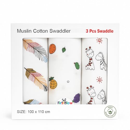 Firstblow 100% Muslin Cotton Swaddle for new Born Baby | Size-110cm x 100cm (42"x39") Ultra Soft Baby Swaddle wrap for new Born | Printed Mulmal Muslin Swaddle Wrap - Image 1