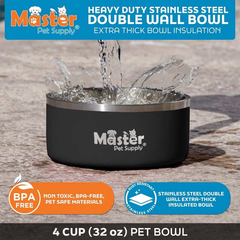 Master Pet Supply Stainless Steel Dog Bowls - 32 oz, Heavy Duty - Black Velvet, Double Wall Extra-Thick Insulated, Non-Slip Pet Water Bowl for Dogs, Cats & Pets, Anti Rust Metal, Dish Washer Safe - Image 3