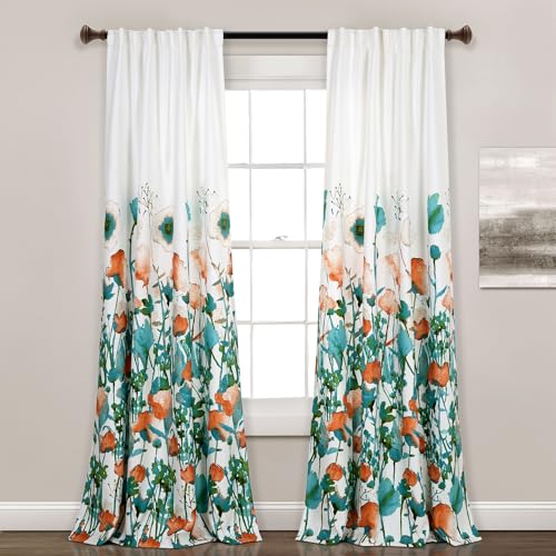 Lush Decor Zuri Flora Room Darkening Window Curtain Panels Pair 52 W x 84 L Turquoise Orange Room Darkening Curtains for Bedroom Floral Curtains - Image 1