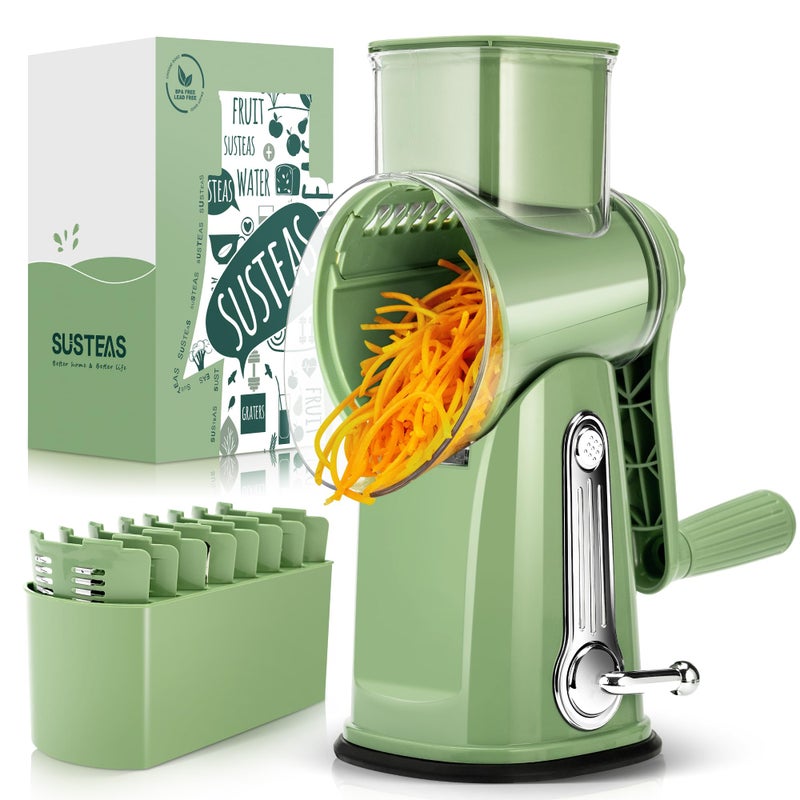 SUSTEAS Rotary Cheese Grater with Handle Vegetable Shredder with 5 Welldesigned Blades Strong Suction BaseRound Mandoline Slicer Food Chopper for Kitchenwith Blade Storage BoxRetro Green