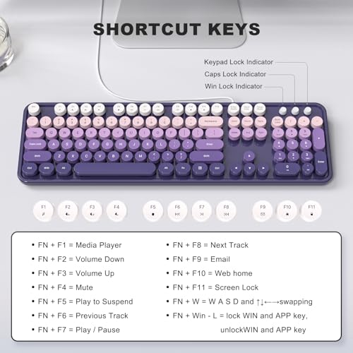 MOWUX Computer Keyboard Wired, Plug and Play USB Retro Round Typewriter Keyboard, Full Size Wired Keyboard with Foldable Stands for Laptop and Office PC- Blue Gradient - Image 3