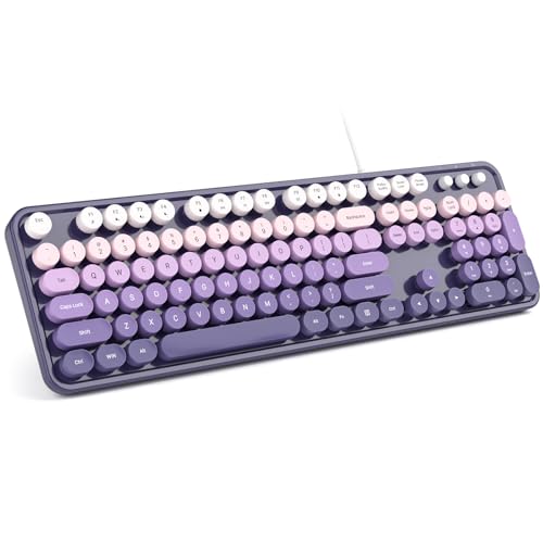 MOWUX Computer Keyboard Wired, Plug and Play USB Retro Round Typewriter Keyboard, Full Size Wired Keyboard with Foldable Stands for Laptop and Office PC- Blue Gradient - Image 1