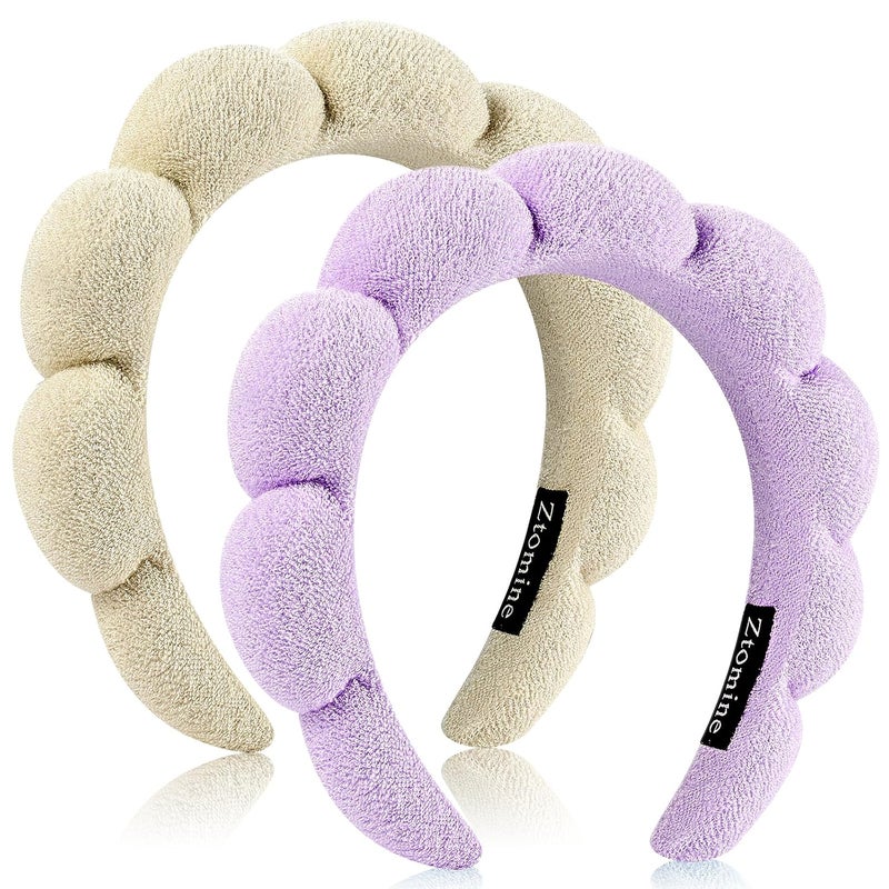 Ztomine Store Spa Headbands, Set of 2, Terry Cloth Headband for Washing Face or Facial, Puffy Makeup Headbands for Face Washing, Mask, Beige + Purple (1 Beige & 1 Purple Combo Pack) - Image 1